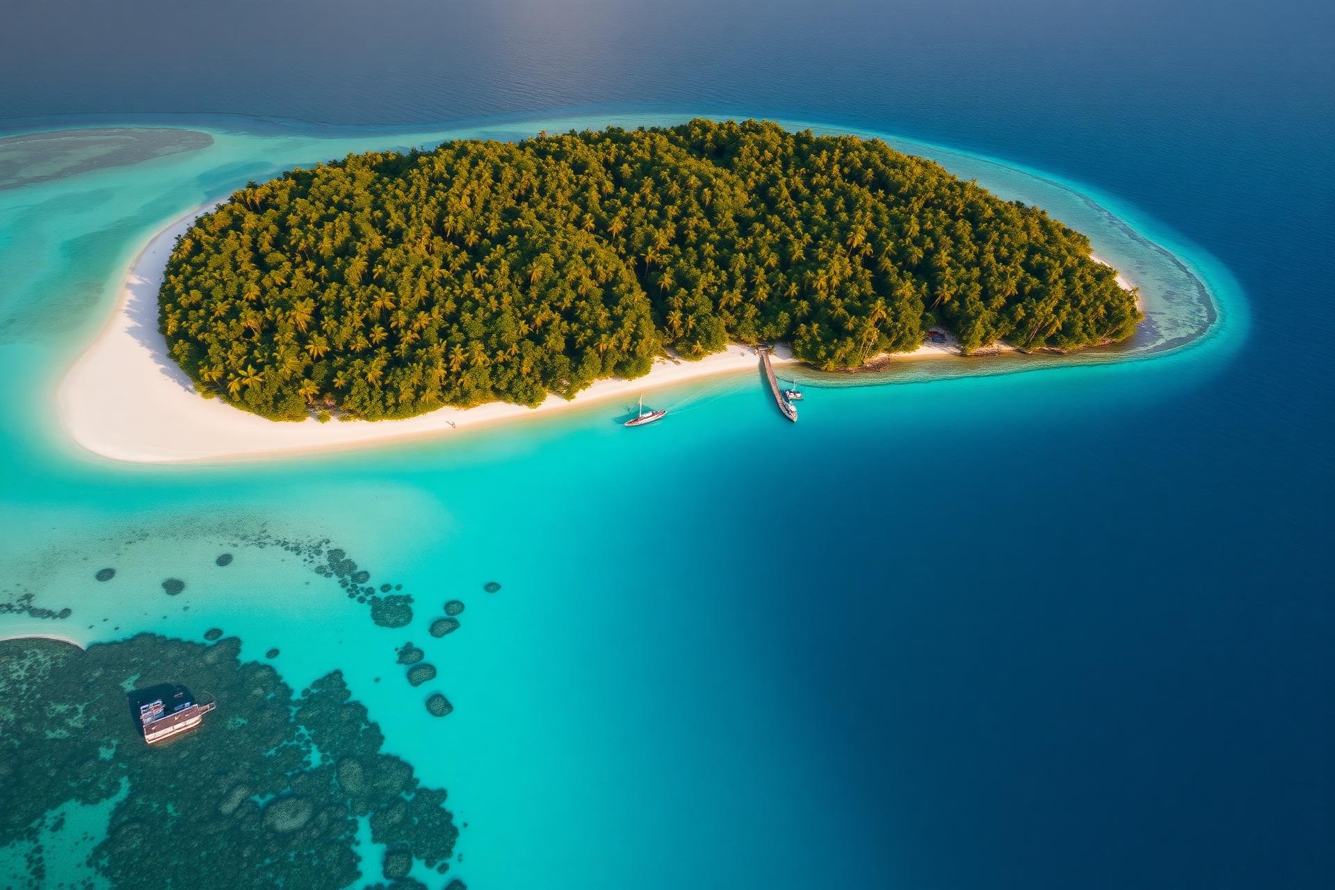 Aerial view of an Andaman island with turquoise reef